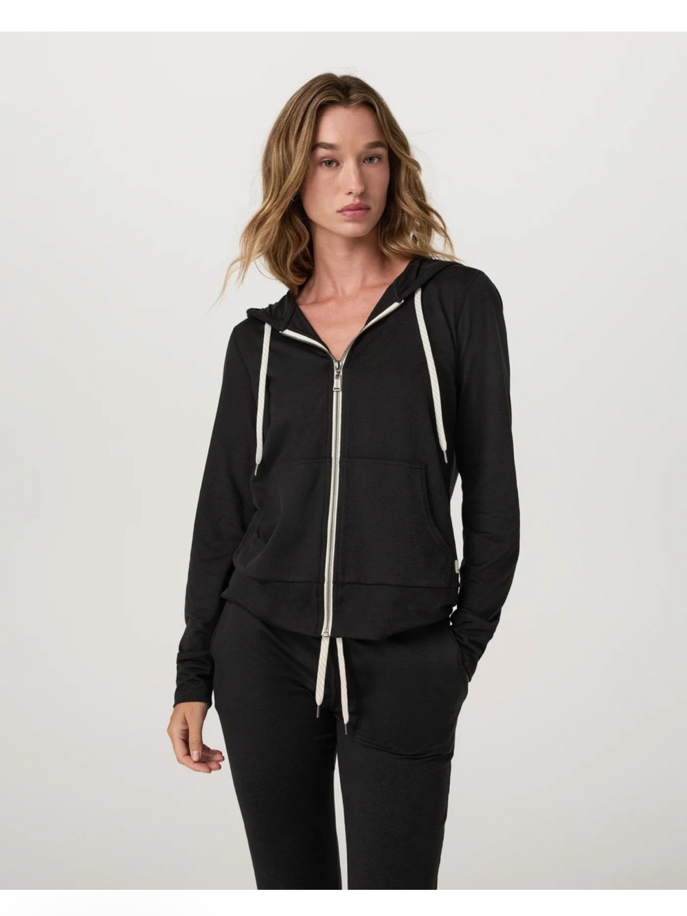 Vuori Black Zip Hoodie with Contrast Cream Drawstrings